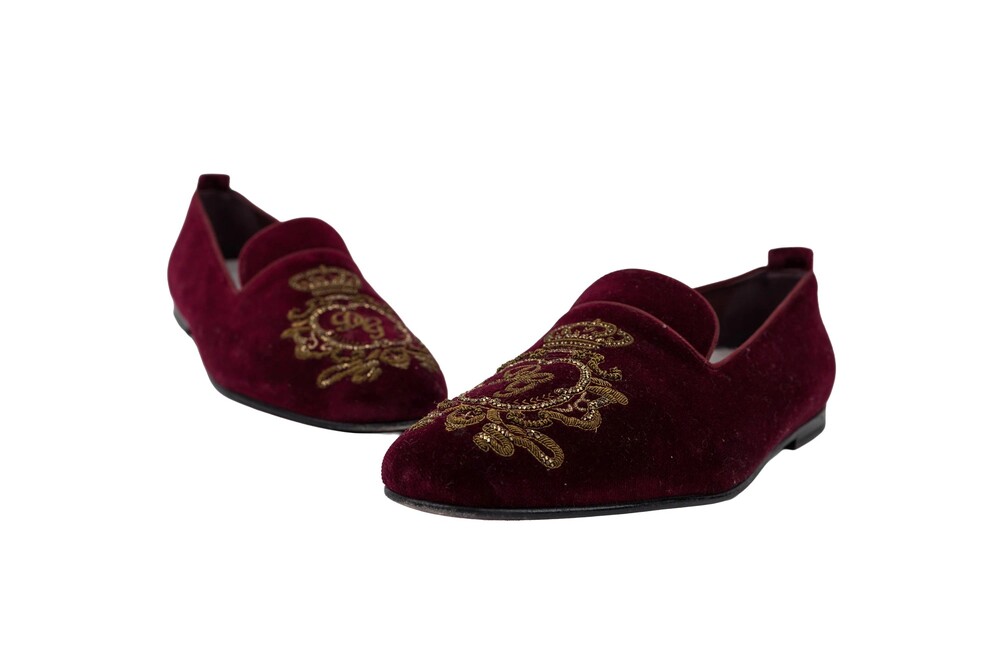 Dolce & Gabbana Burgundy Crown Embroidered Loafers Velvet Size 43.5